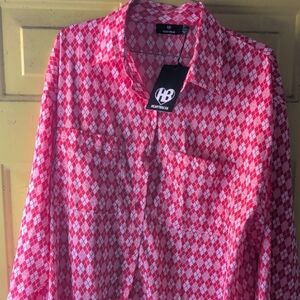 Women's Red and White Argyle Button Down Shirt